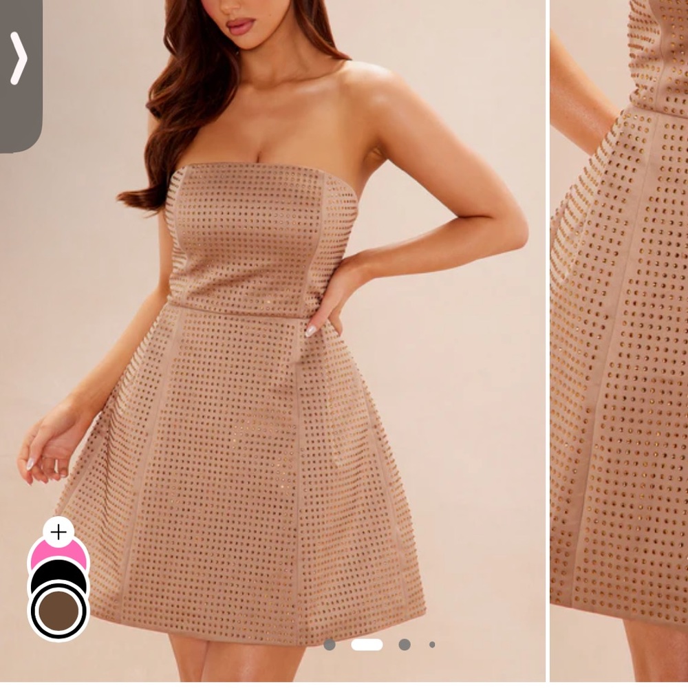 Fashion Nova Strapless Studded Dress in Tan